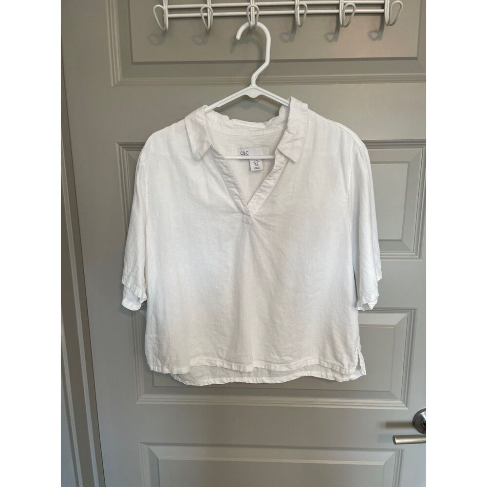 White cropped linen blend popover shirt, size L